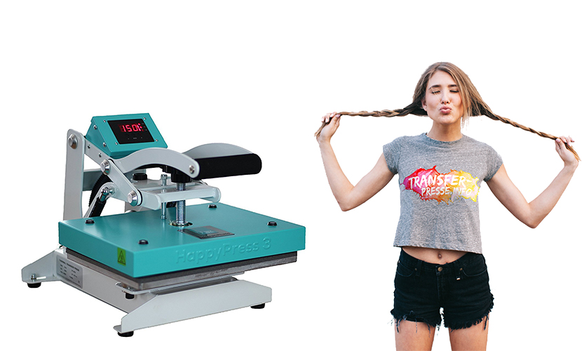 Transferpresse Happypress in türkis und Mädchen mit bedrucktem T-Shirt