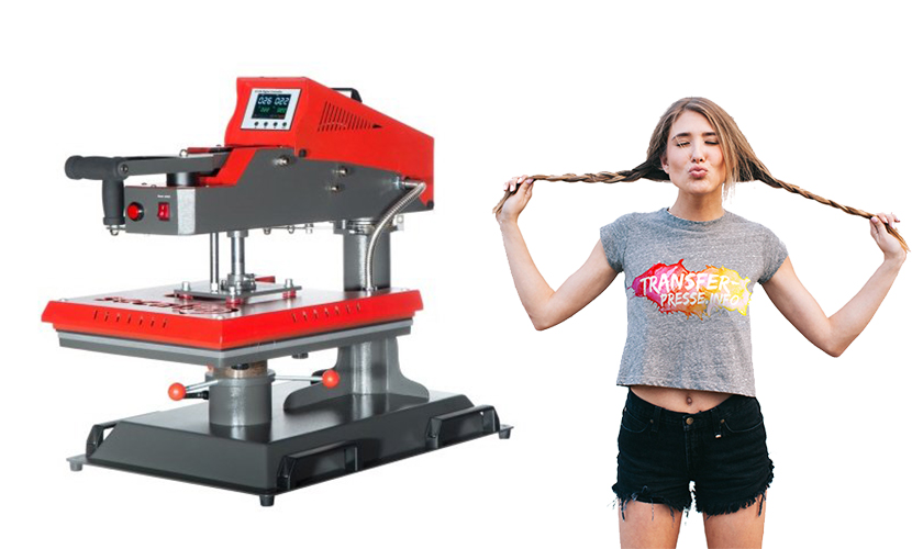 Transferpresse der Marke Secabo in rot und Mädchen mit bedrucktem T-Shirt